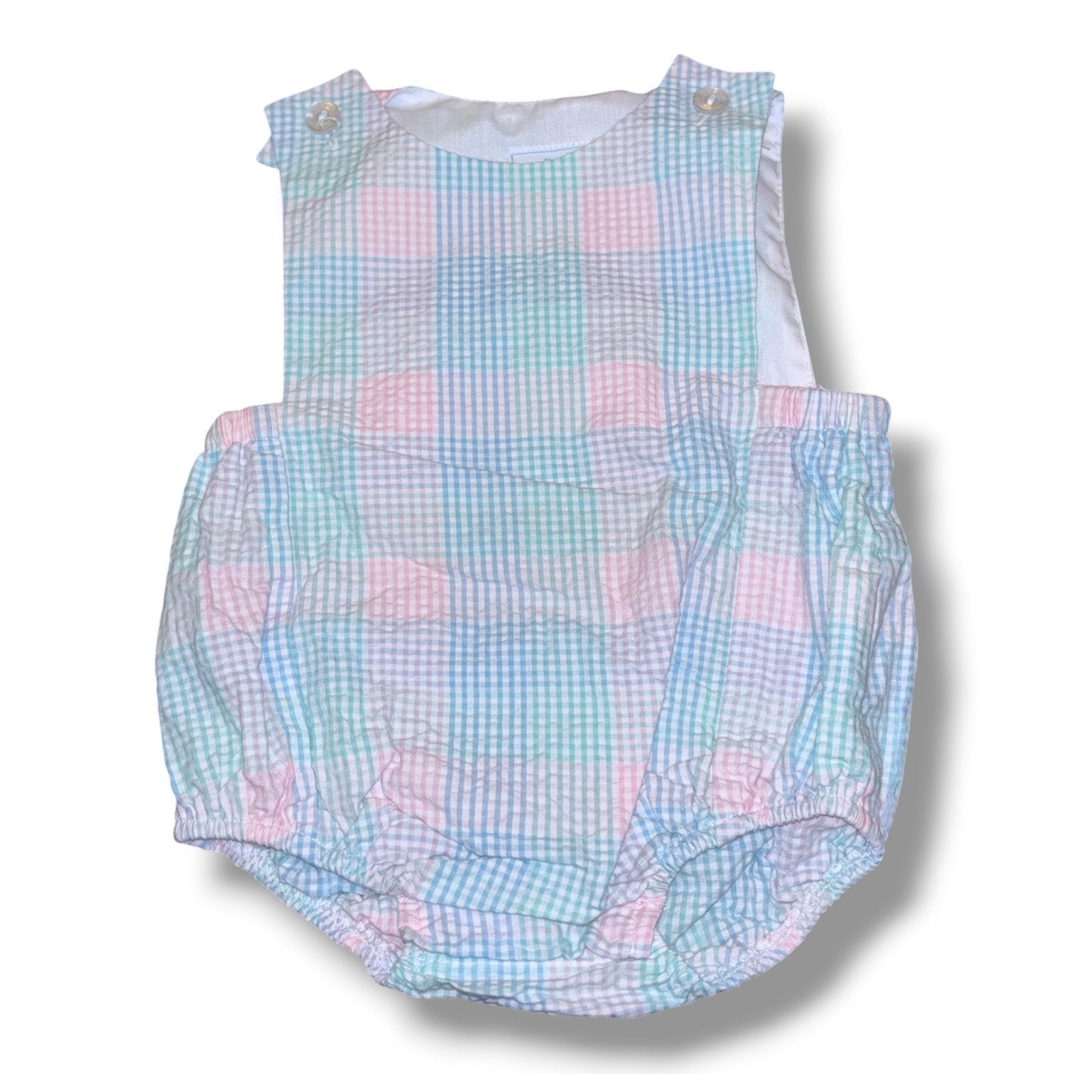 Size 9 month Little English pastel pink/blue/white/teal seersucker plaid bubble Default Title / 9 month / Boy