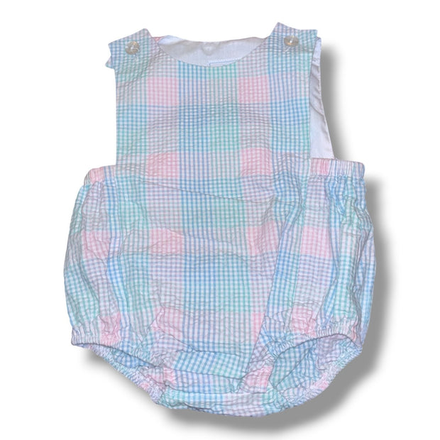 Size 9 month Little English pastel pink/blue/white/teal seersucker plaid bubble Default Title / 9 month / Boy