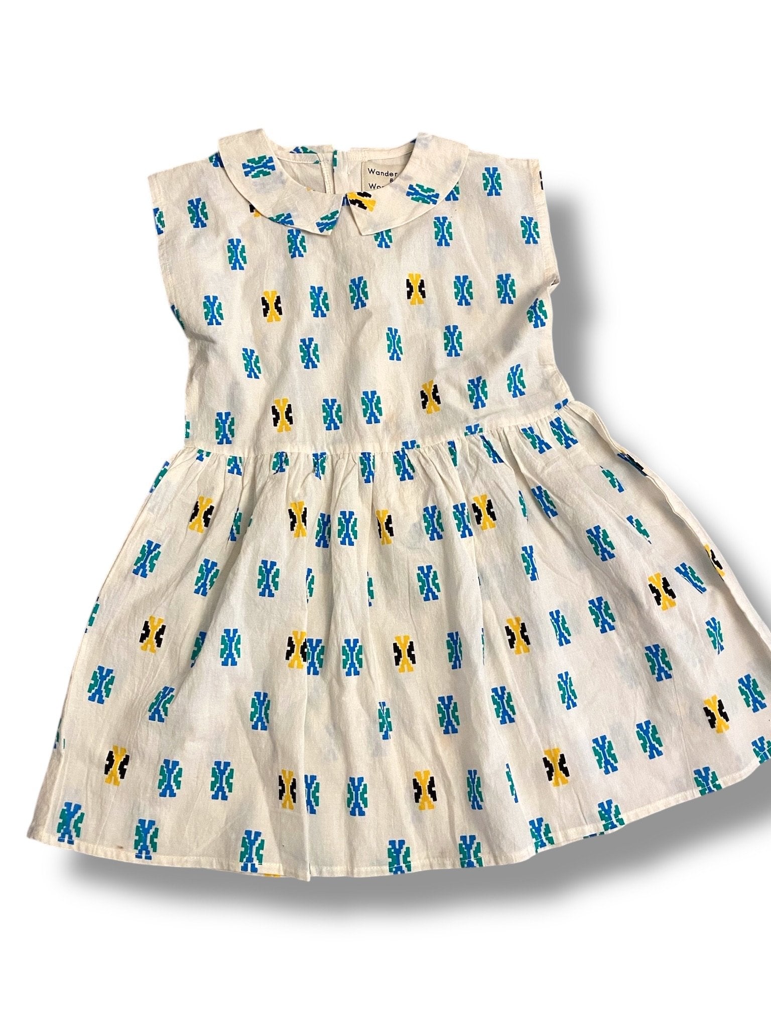 Size 3-4 Wander and Wonder white sleeveless dress with blue/green & black/yellow shapes Default Title / 4-Mar / Girl