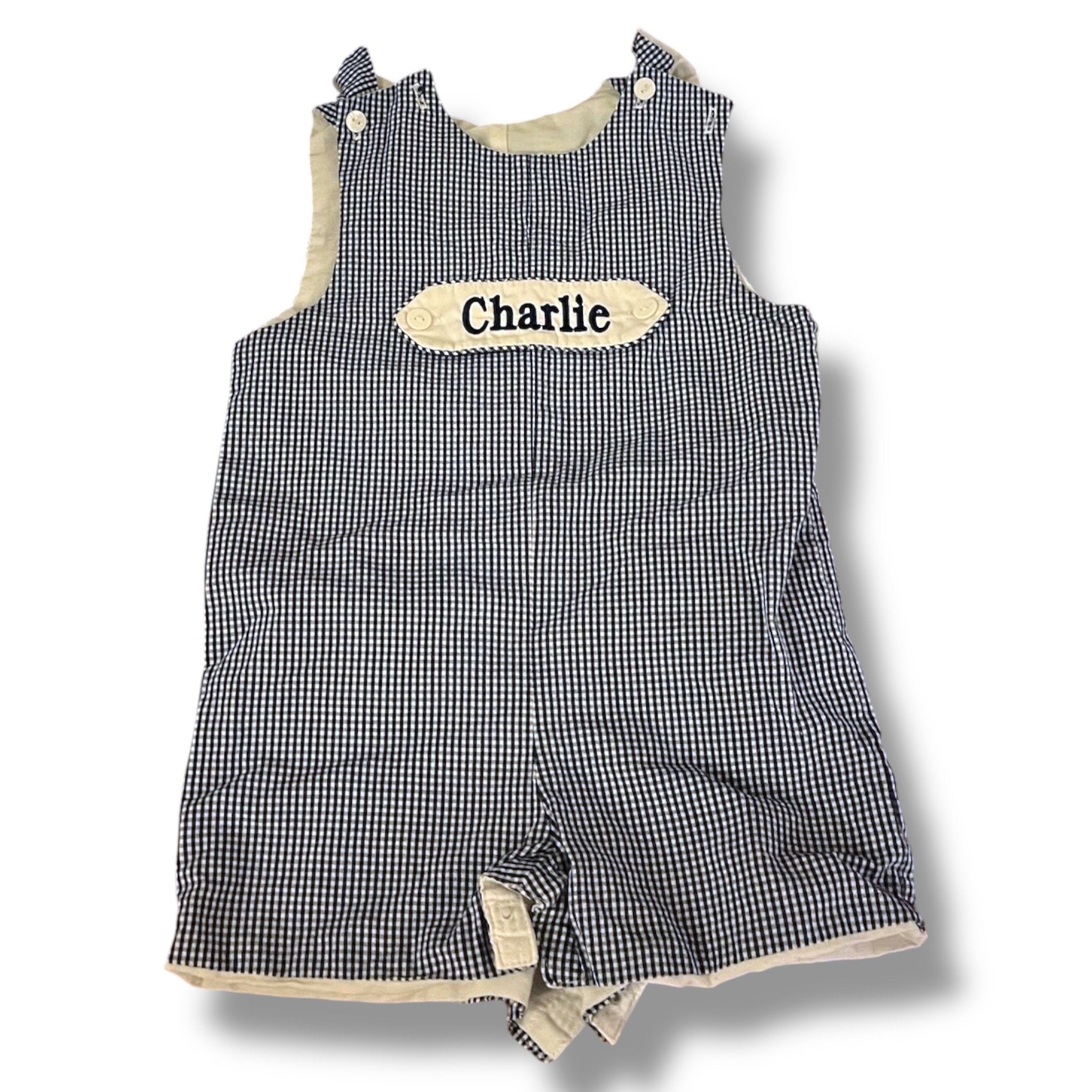 Size 18 month petit bebe blue and white checkered shortall “charlie” Default Title / 18 month / Boy