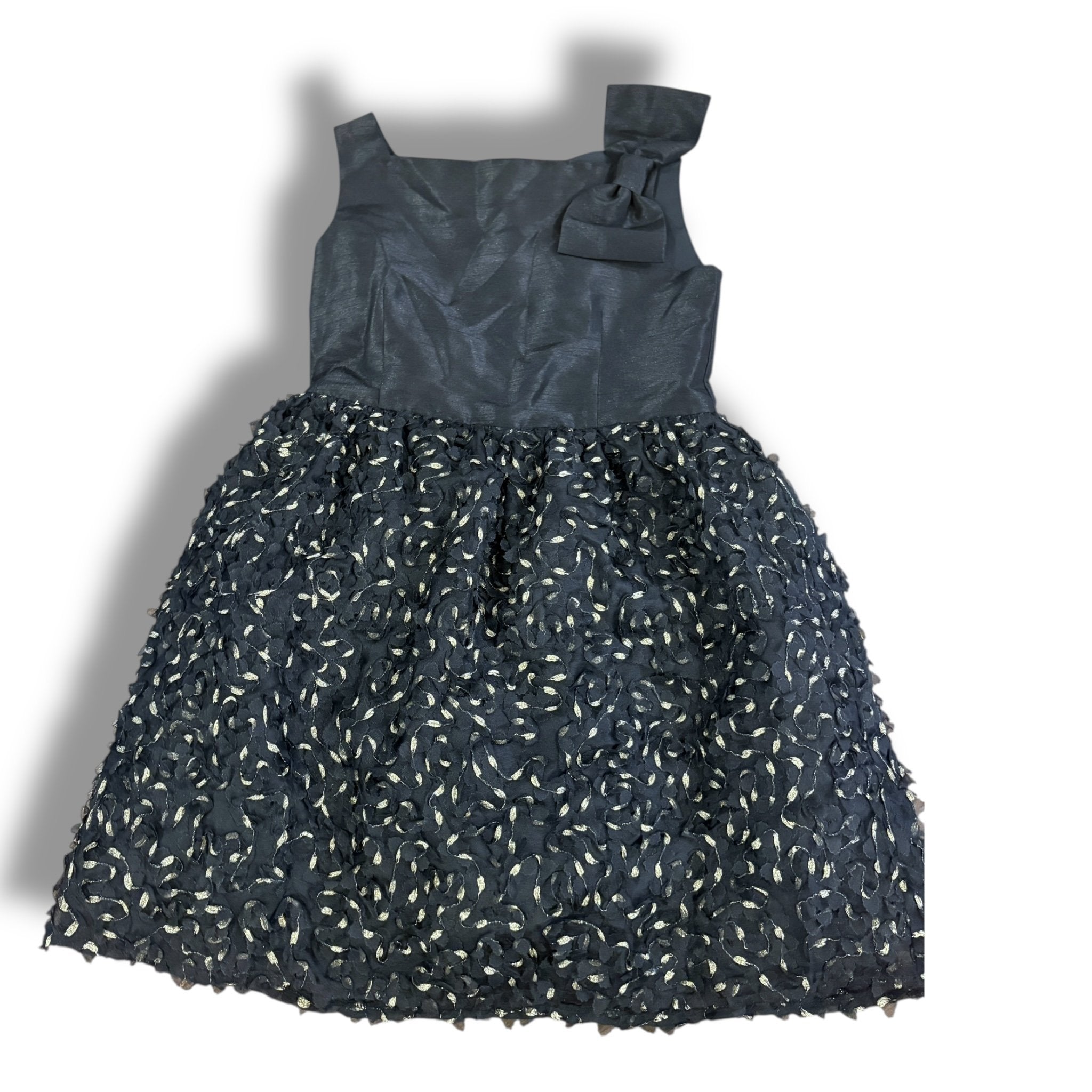 Size 8 Badgley mischka black silk tafetta top dress with shoulder bow, skirt with cut outs Default Title / 8 / Girl