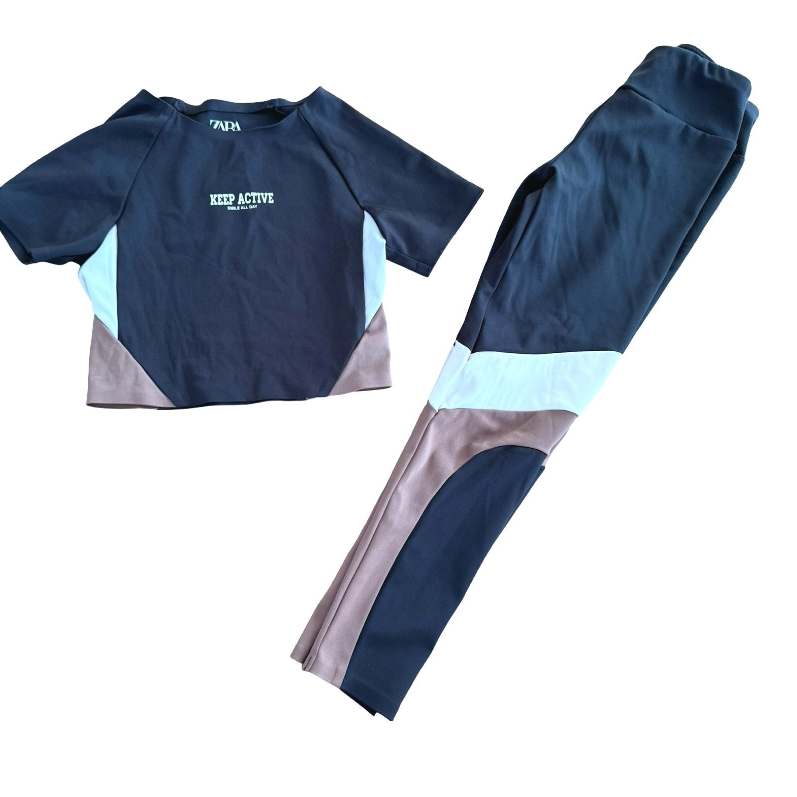 Size 6-7 Zara black leggings and athletic cropped top 'Keep active' with brown and tan detail Default Title / 7-Jun / Girl