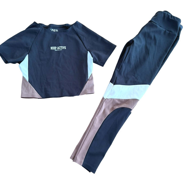 Size 6-7 Zara black leggings and athletic cropped top 'Keep active' with brown and tan detail Default Title / 7-Jun / Girl
