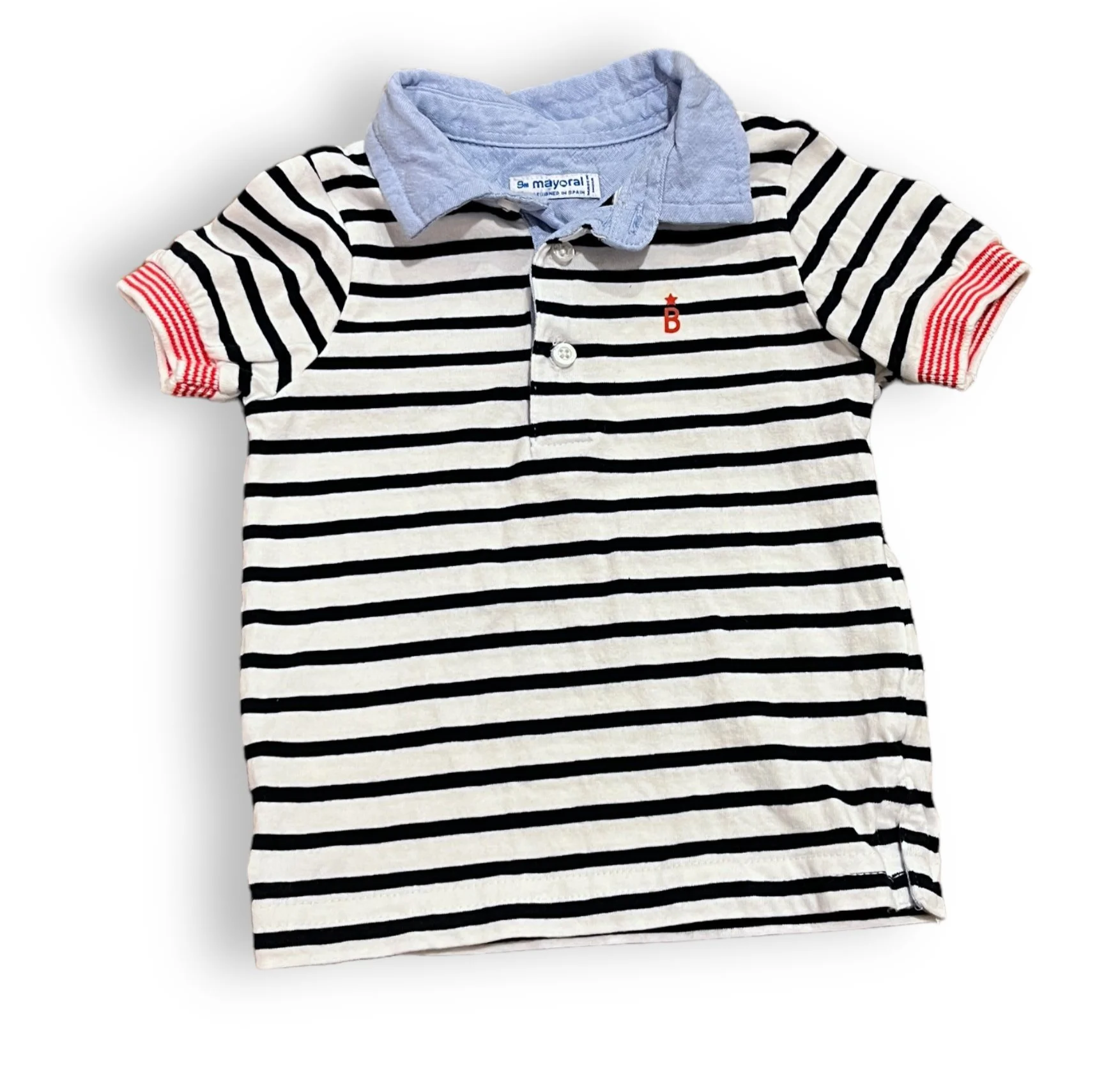Size 9 month Mayoral navy/white stripe knit polo with light blue collar Default Title / 9 month / Boy