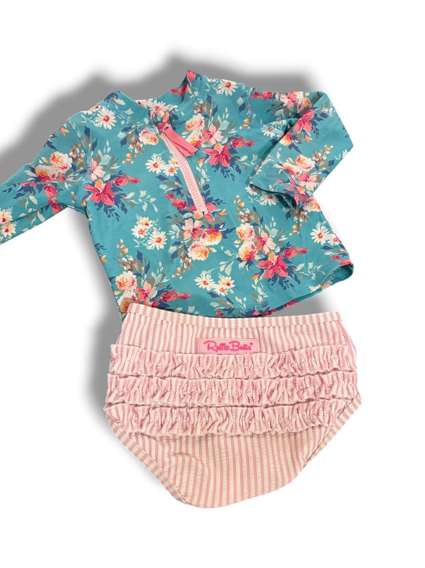 Size 2 Ruffle Butts two piece swim - top teal floral long sleeve, bottom pink and white stripes Default Title / 2 / Girl