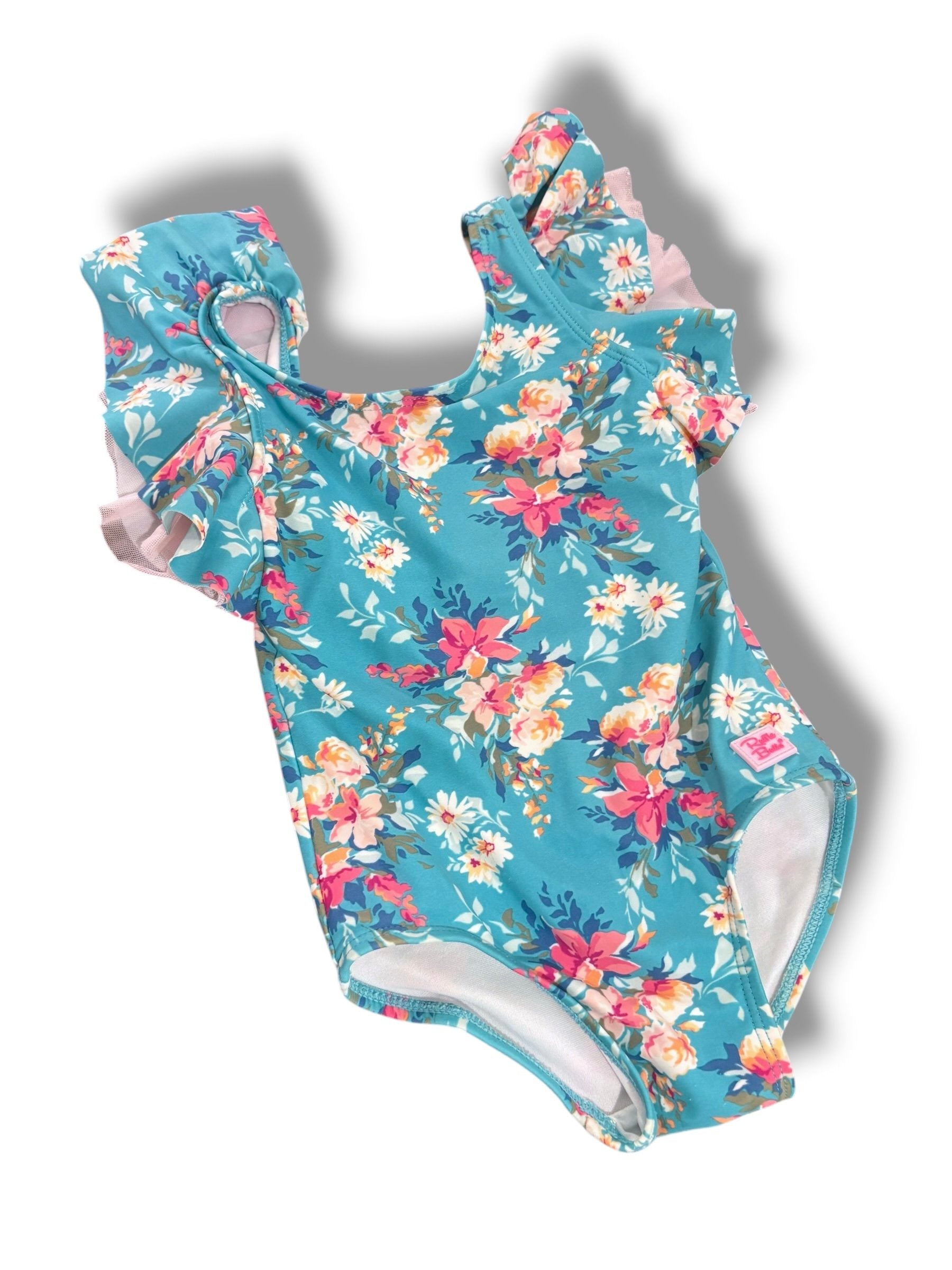 Size 2 Ruffle Butts teal floral one piece swim with ruffle shoulders Default Title / 2 / Girl