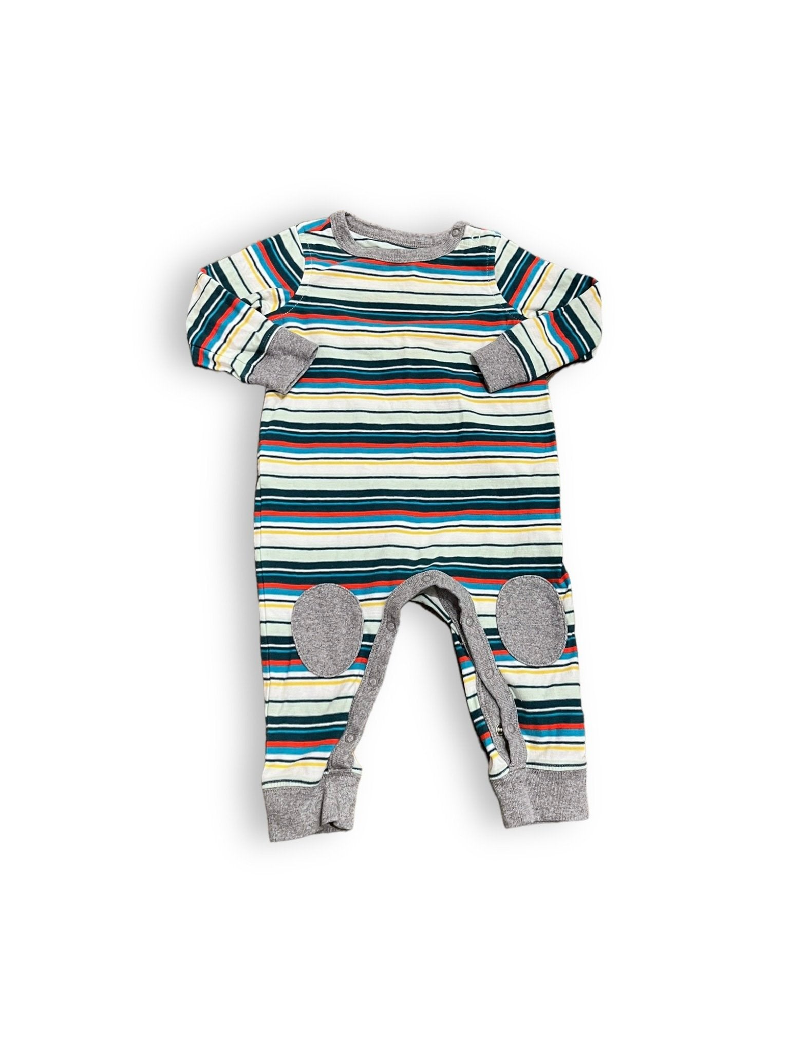 Size 6-9 month Tea Collection red, blue, navy, white striped long sleeve romper with gray knee patches Default Title / 6-9 month / Boy