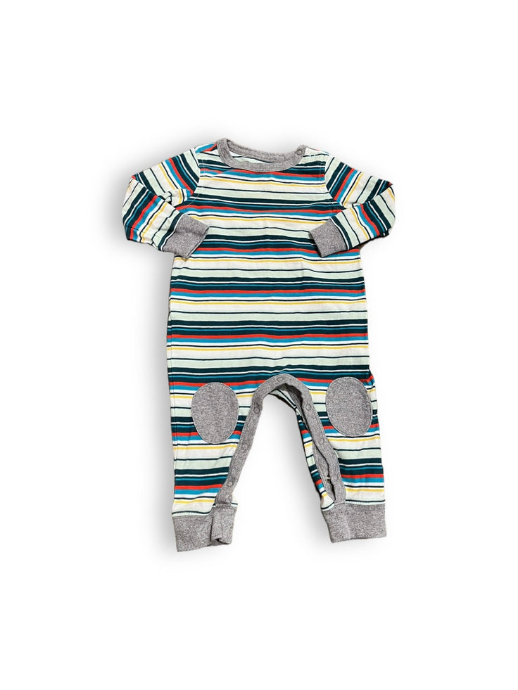 Size 6-9 month Tea Collection red, blue, navy, white striped long sleeve romper with gray knee patches Default Title / 6-9 month / Boy