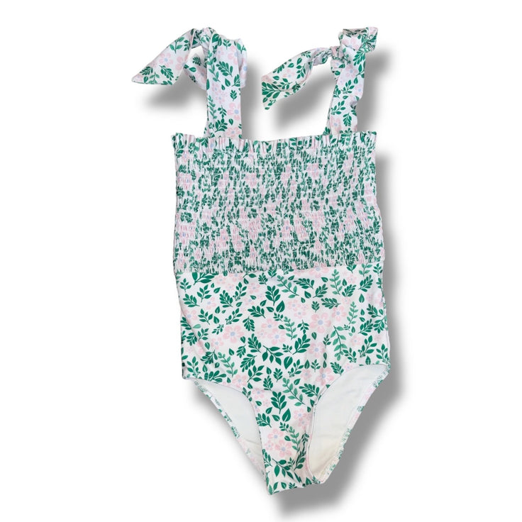 Size 7 Cecil & Lou white smocked swimsuit w/ green/pink flowers, ties at shoulders Default Title / 7 / Girl