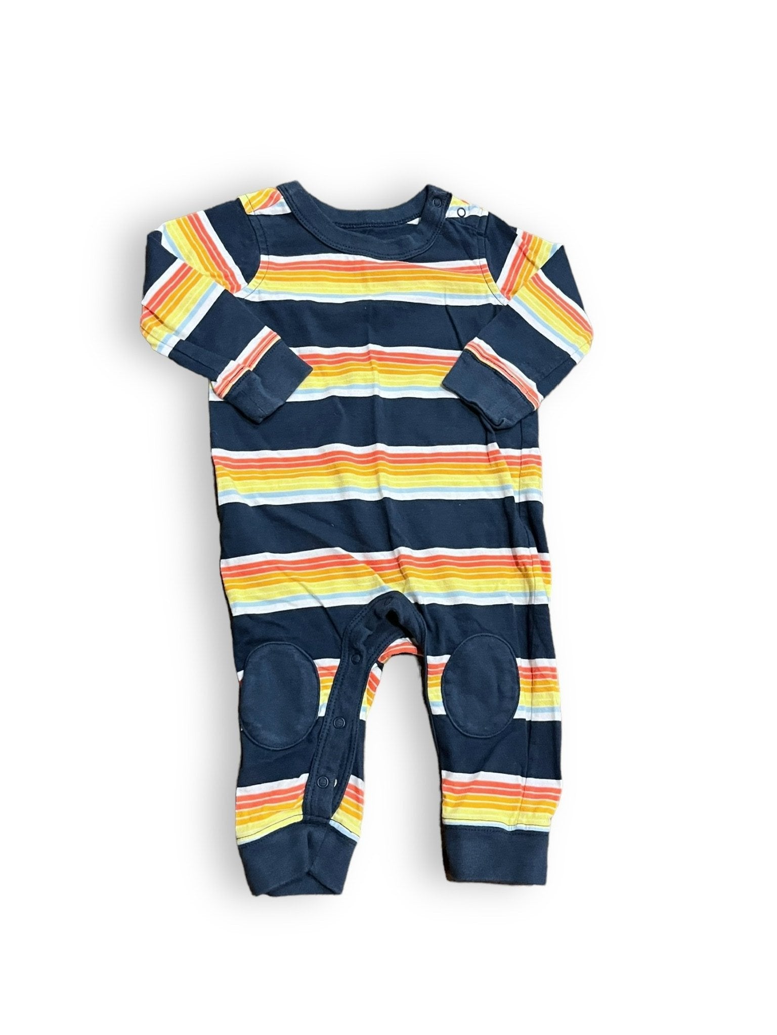 Size 3-6 month Tea Collection navy/rainbow stripe romper with knee patches Default Title / 3-6 month / Boy