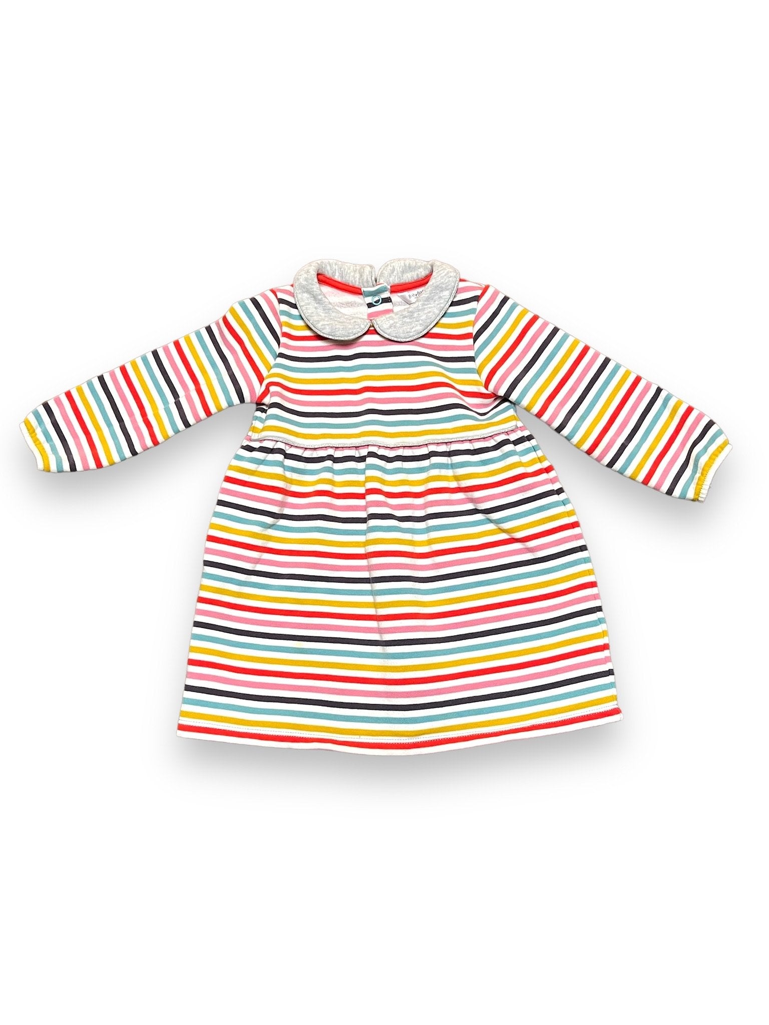 Size 12-18 month Boden multicolor stripe sweatshirt dress with grey collar and snaps up back Default Title / 12-18 month / Girl