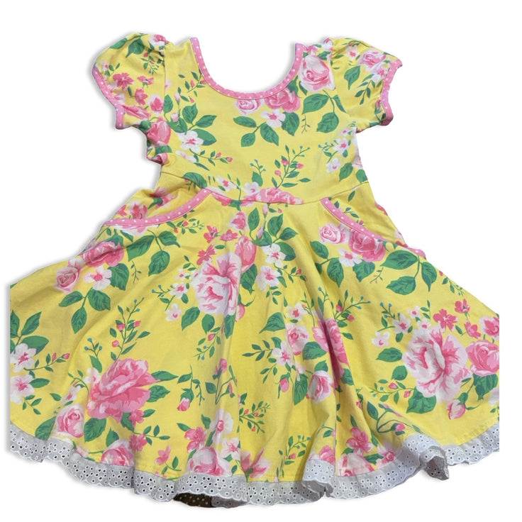 Size 3/4 Elenor Rose yellow dress with pink flowers and pink polka dot trim Default Title / 4-Mar / Girl