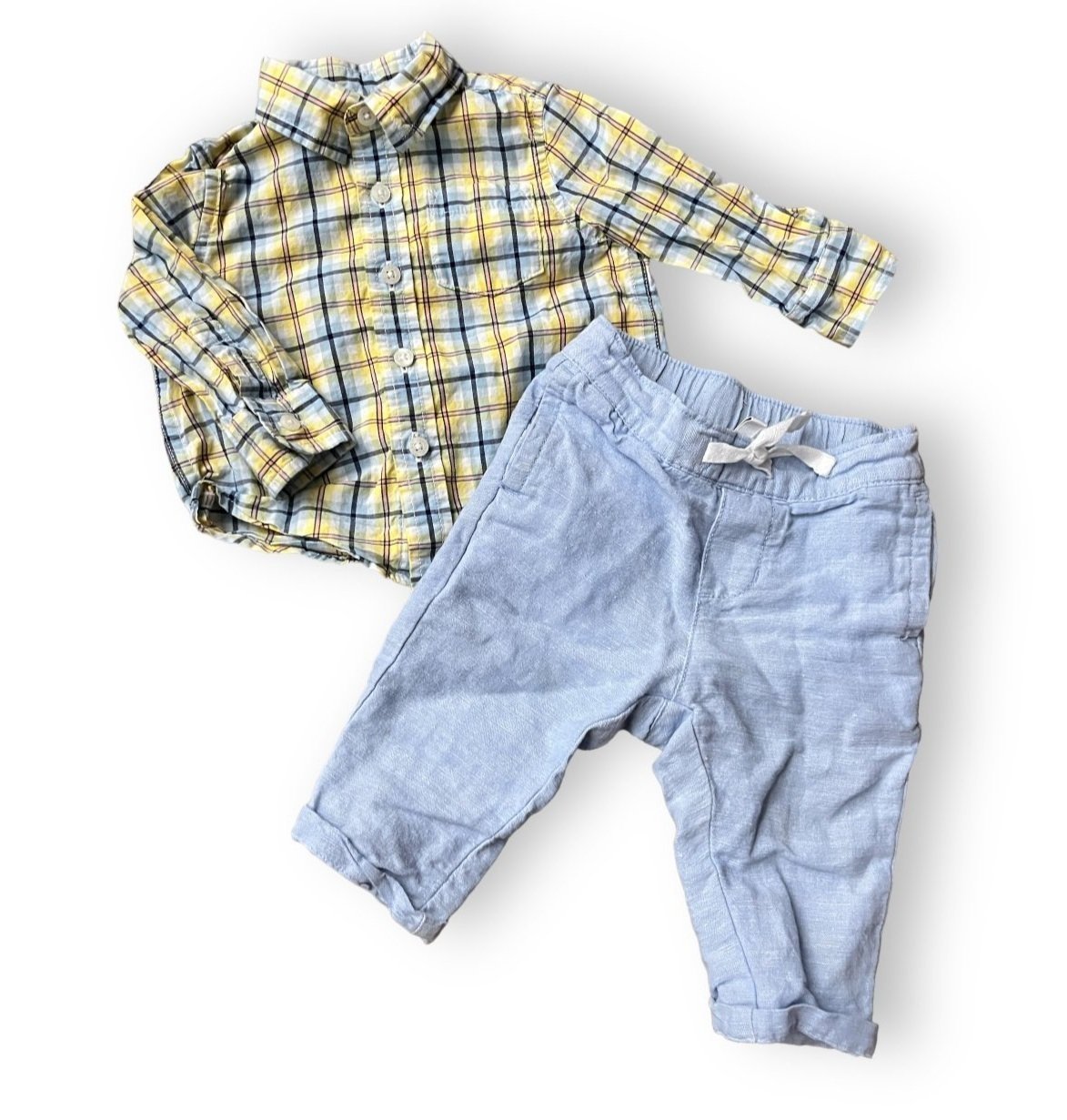 Size 3-6 months Janie and Jack yellow/blue plaid shirt and linen pants set Default Title / 3-6 month / Boy