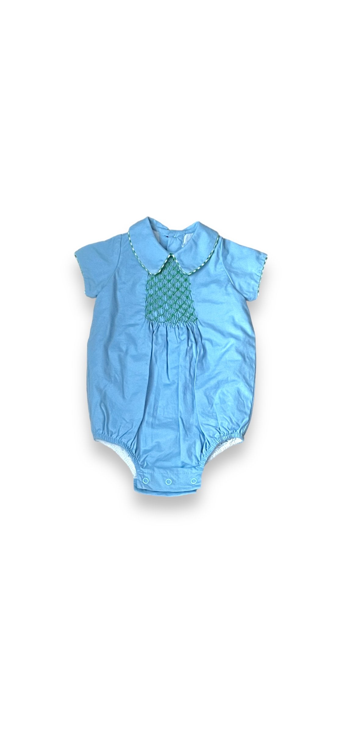 Size 6 month Dondolo blue, green smocked center, collared bubble Default Title / 6 month / Boy