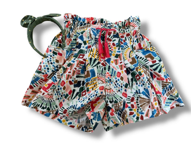 Size 12 Mayoral shorts/ pink, brown, blue, olive green, yellow design and matching green headband Default Title / 12 / Girl