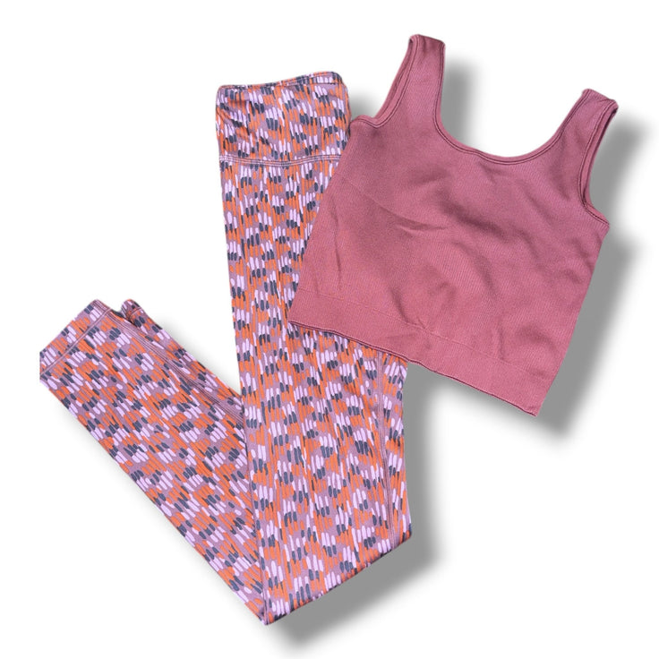 Size 12 Athleta set: mauve leggings w/ navy/orange/pink pattern, mauve ribbed cropped tank top Default Title / 12 / Girl
