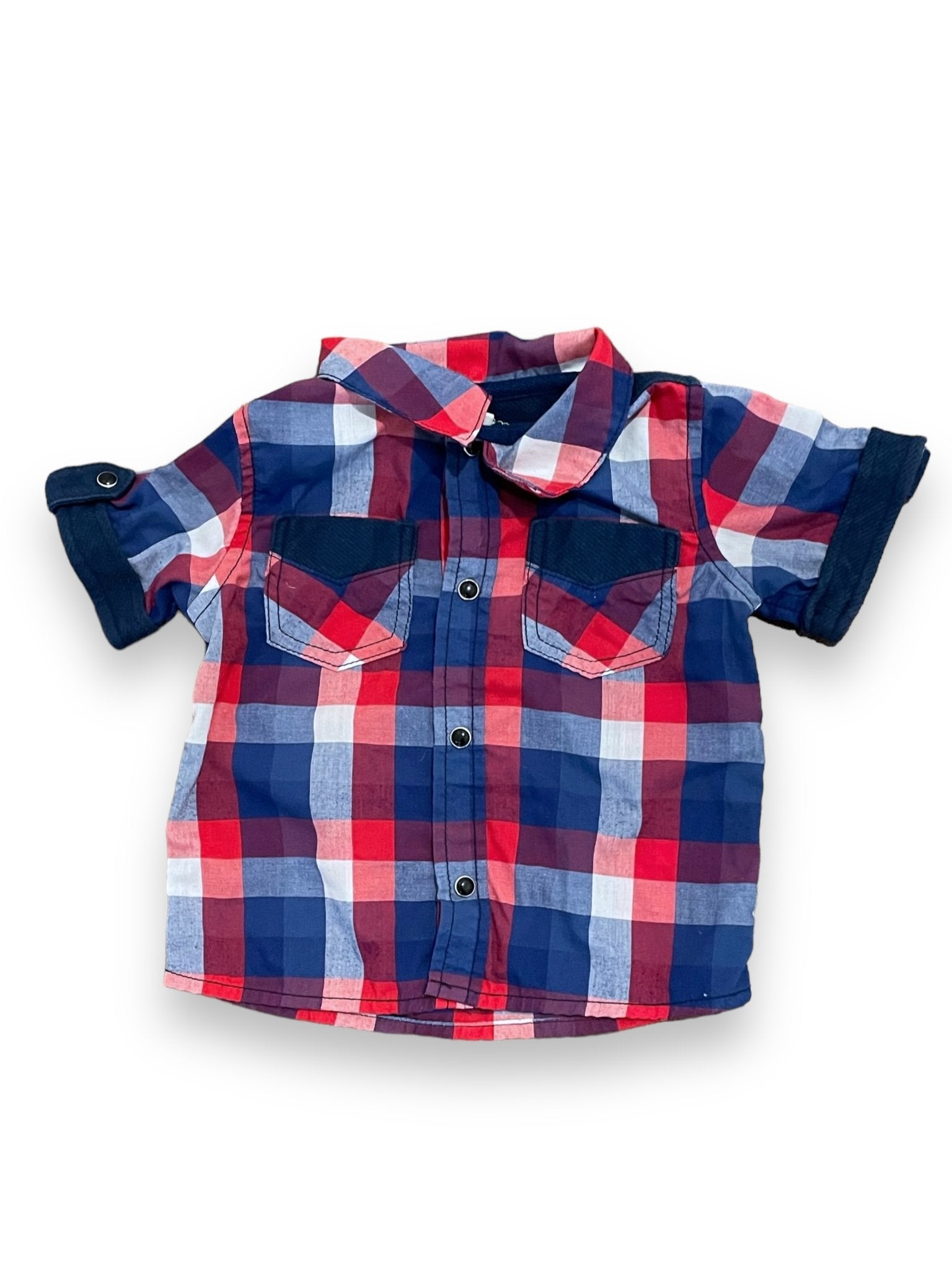 Size 12 month red/navy/white plaid flannel short sleeve button up shirt, double pocket Default Title / 12 / Boy