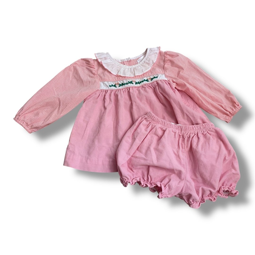 Size 18 month Eliza James light pink and white tunic with gingham pattern arms and corduroy bottom, greenery with pink bows across the chest + bloomers Default Title / 18 month / Girl