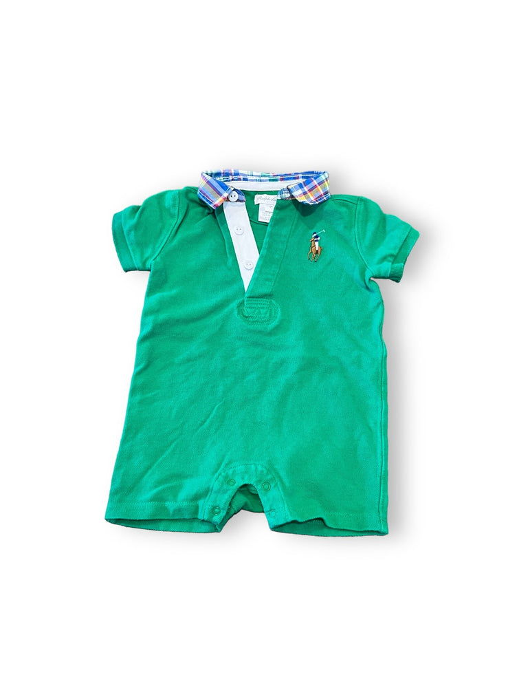 Size 6 month Ralph Lauren green short romper with plaid collar Default Title / 6 month / Boy