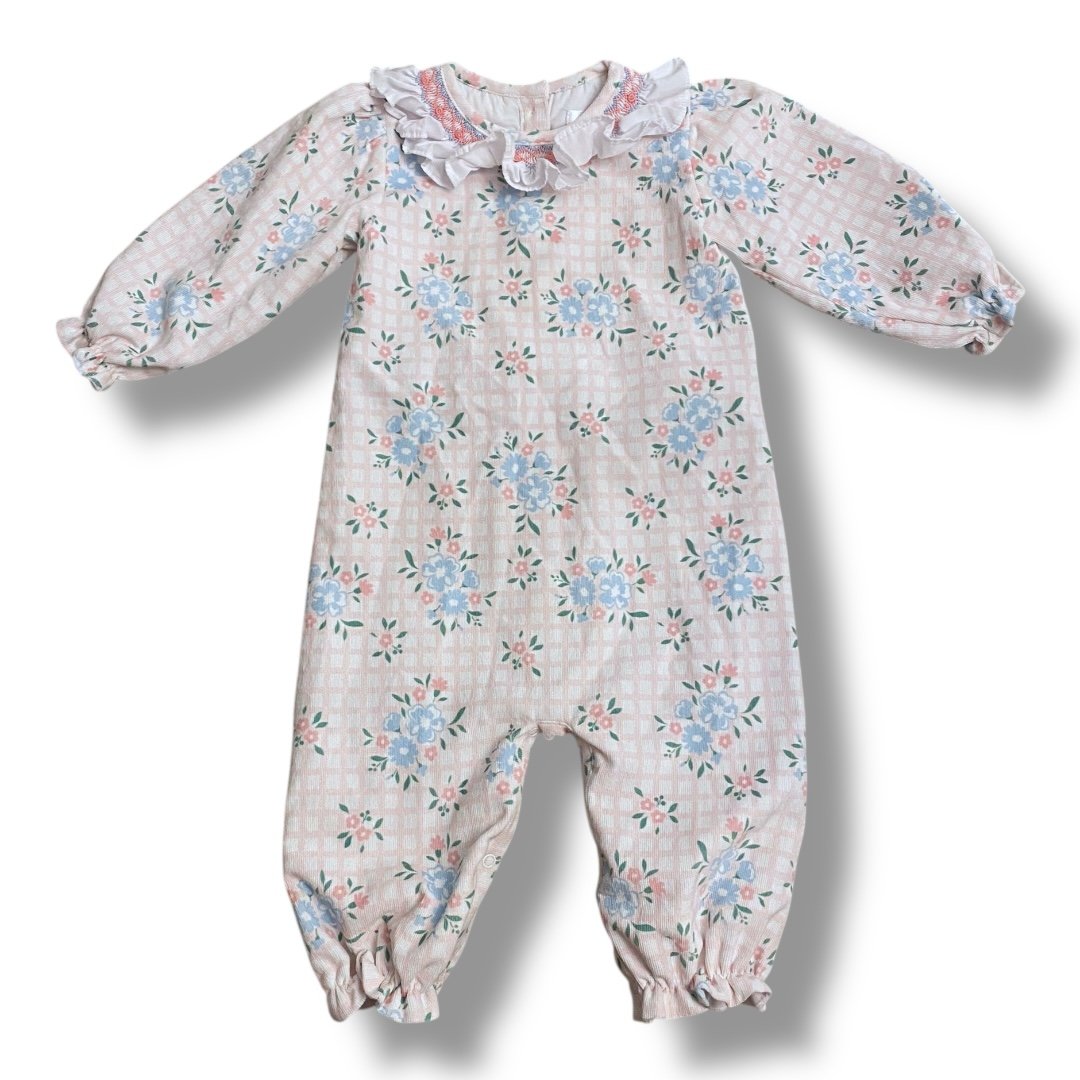 Size 18 month Cecil and Lou light pink and white velour white floral jumpsuit, white ruffle neckline Default Title / 18 month / Girl
