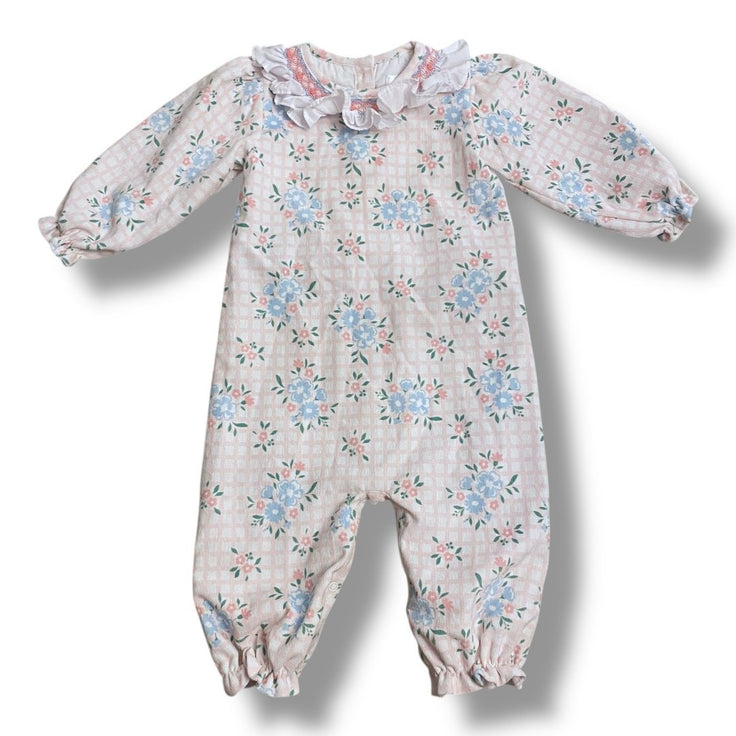Size 18 month Cecil and Lou light pink and white velour white floral jumpsuit, white ruffle neckline Default Title / 18 month / Girl