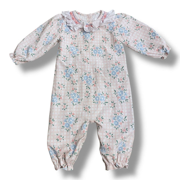 Size 18 month Cecil and Lou light pink and white velour white floral jumpsuit, white ruffle neckline Default Title / 18 month / Girl