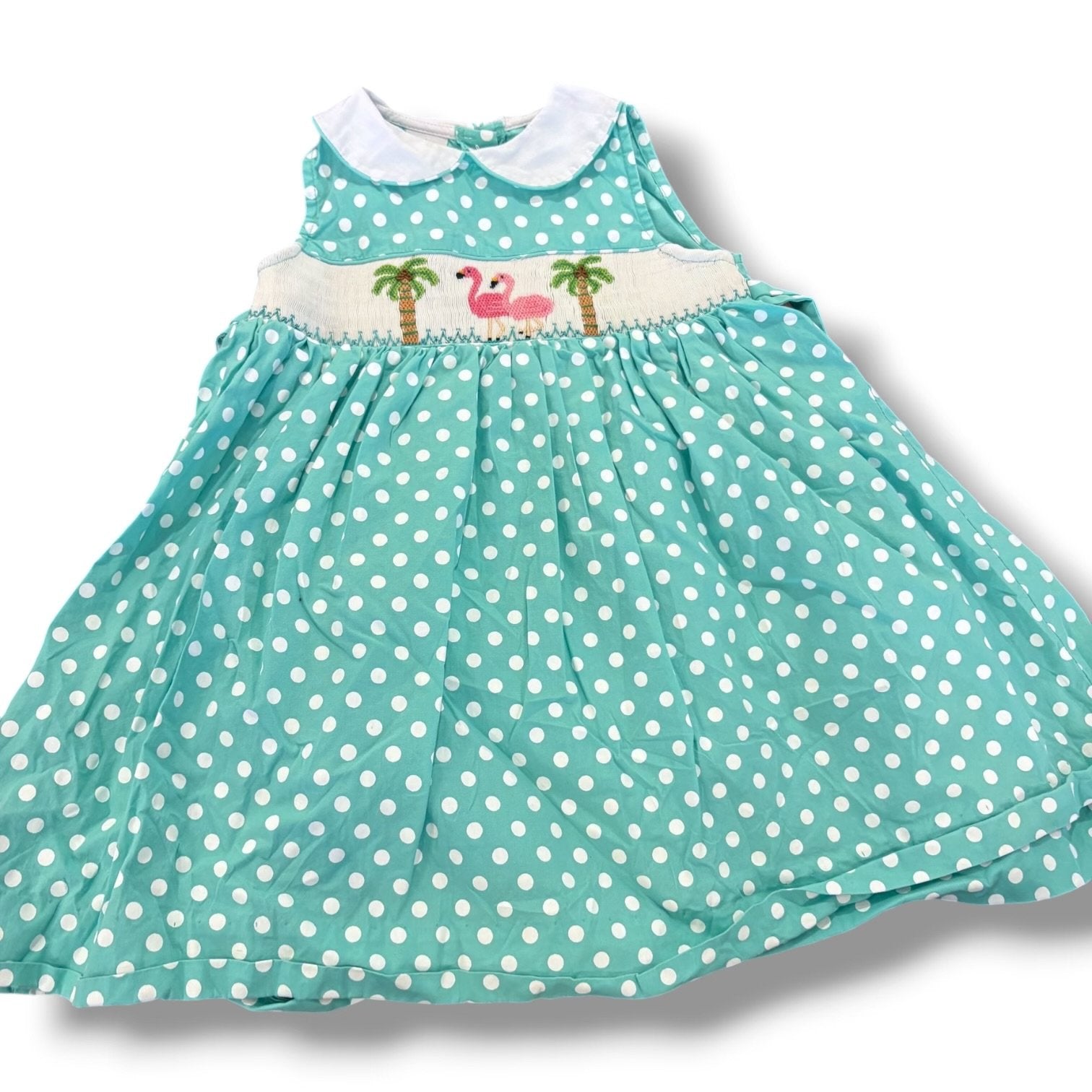 Size 2 teal/white polka dot dress w/ smocked palm trees, flamingoes Default Title / 2 / Girl