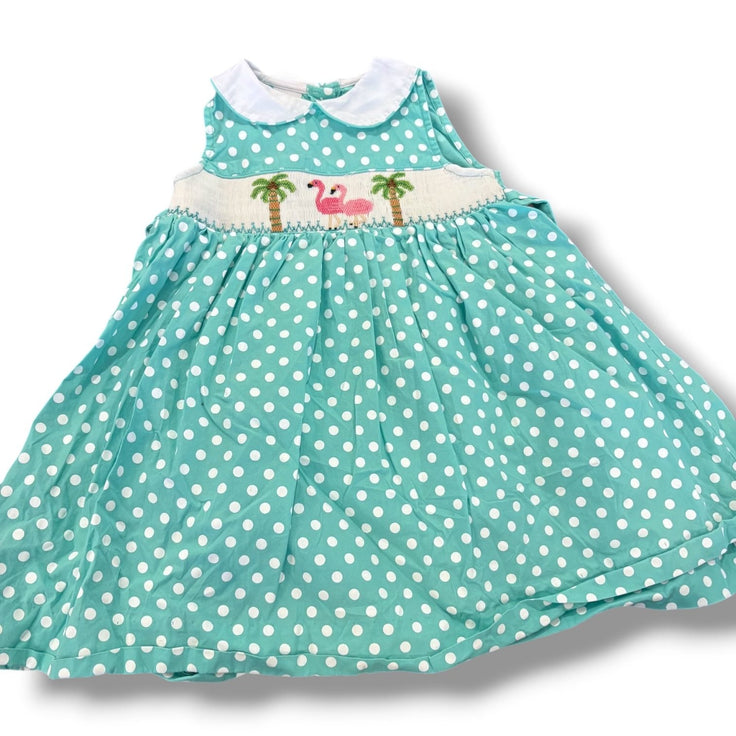 Size 2 teal/white polka dot dress w/ smocked palm trees, flamingoes Default Title / 2 / Girl