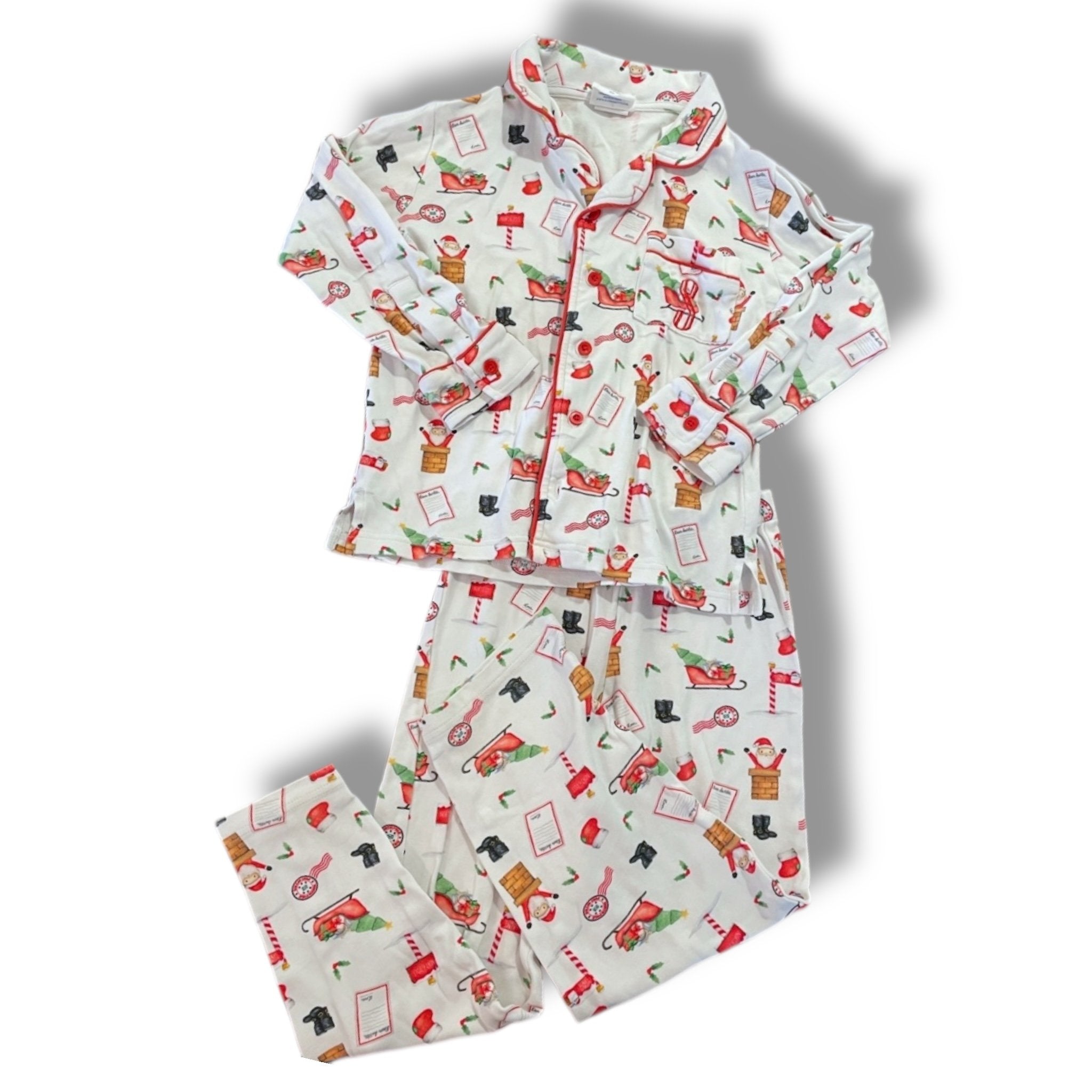 Size 6 Blossom white holiday pajama set with Santa, list, sleigh, stocking, etc. Default Title / 6 / -