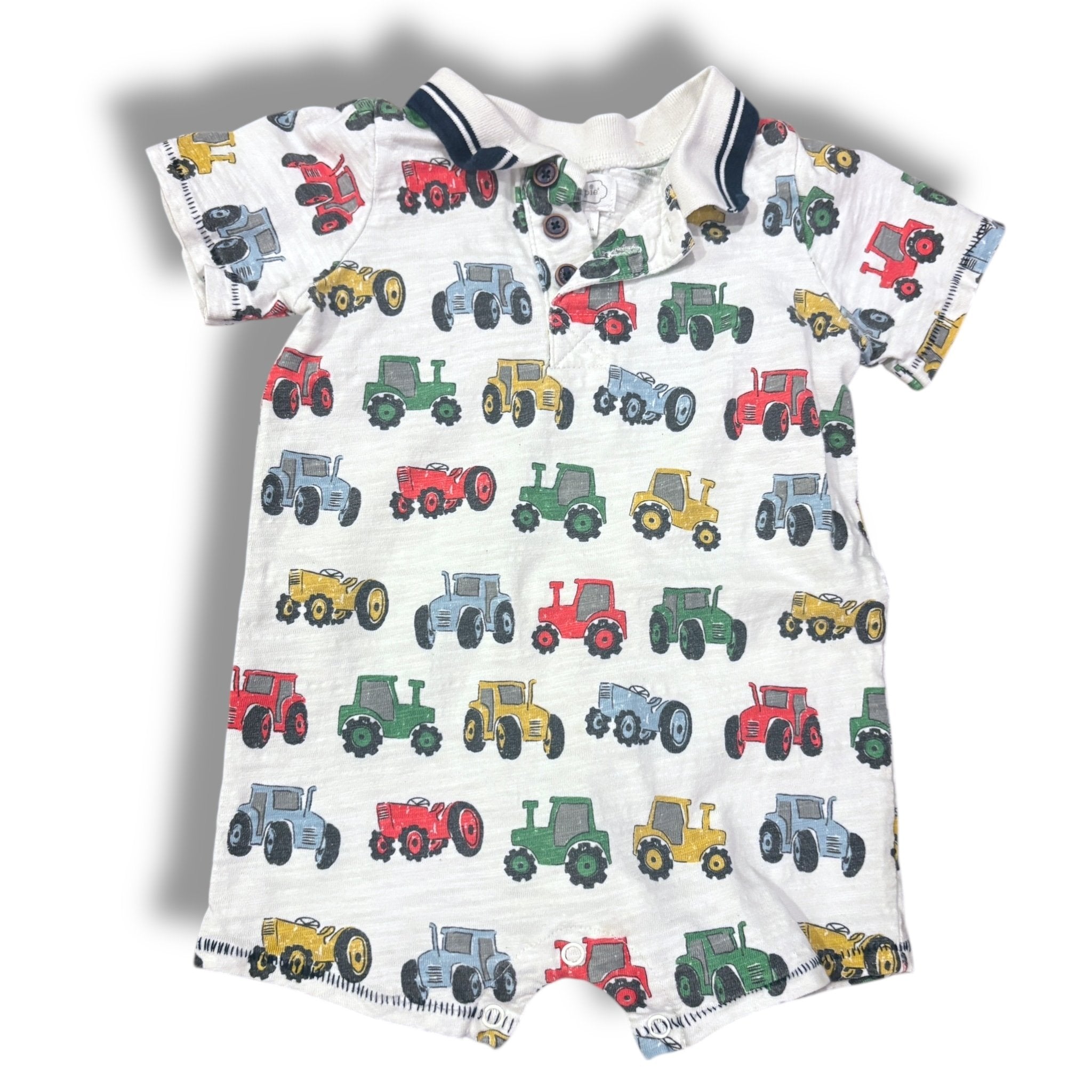 Size 12-18 month Mudpie white polo romper with tractors Default Title / 12-18 month / Boy