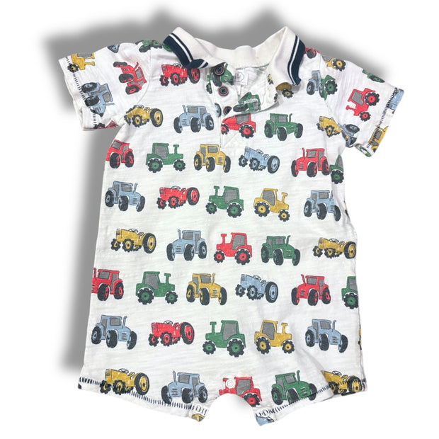 Size 12-18 month Mudpie white polo romper with tractors Default Title / 12-18 month / Boy