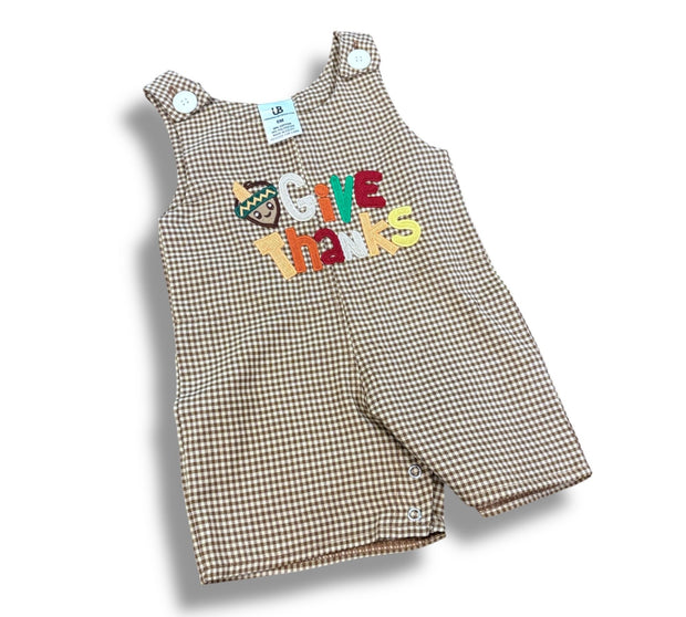 Size 6 month Unique Baby tan/dark brown gingham shortall “Give Thanks” Default Title / 6 month / Boy
