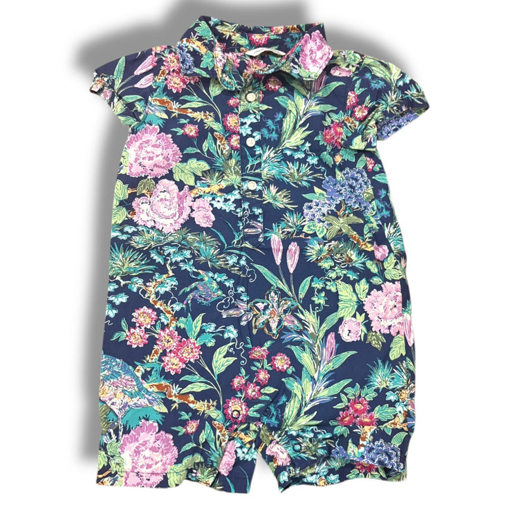Size 12-18 month Janie and jack navy button up romper with purple/green tropical flowers Default Title / 12-18 month / Boy