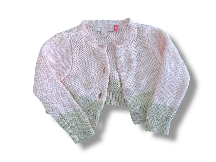 Size 3-6 month Pink Chicken pink knit cardigan with gold hem and sparkle buttons * stain on shoulder Default Title / 3-6 month / Girl