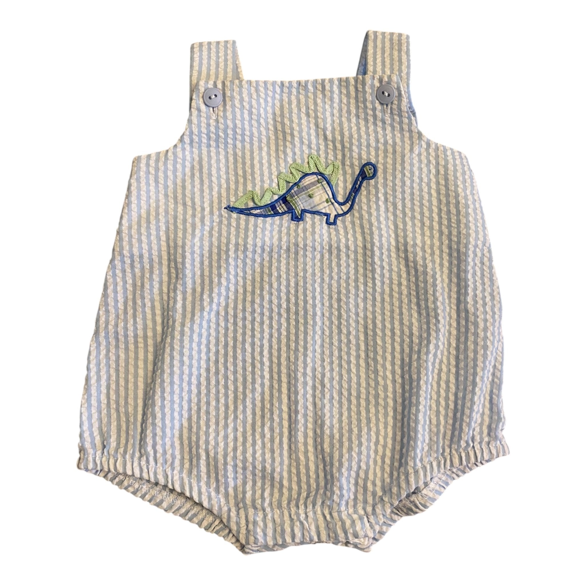 Size 6 month Florence Eiseman blue and white striped bubble with dinosaur Default Title / 6 month / Boy