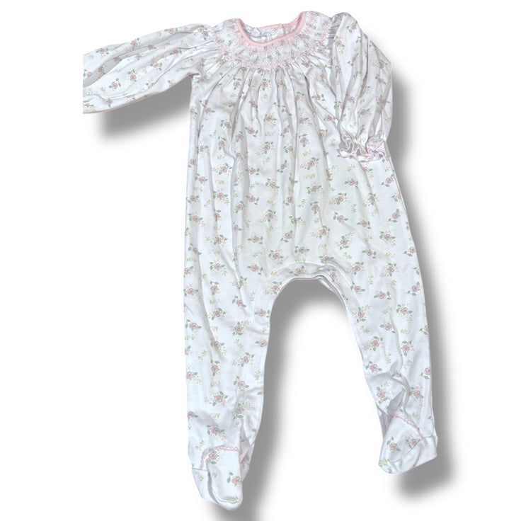 Size 12 month Magnolia Baby white sleeper w/ pink roses, smocking at neck Default Title / 12 / Girl