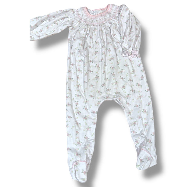 Size 12 month Magnolia Baby white sleeper w/ pink roses, smocking at neck Default Title / 12 / Girl
