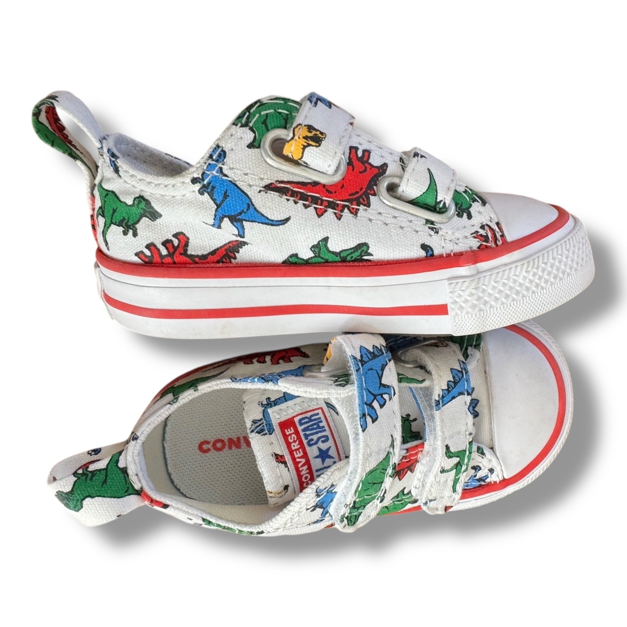 Size 4 velcro Converse sneakers, white with colorful dinosaurs Default Title / 4 / -