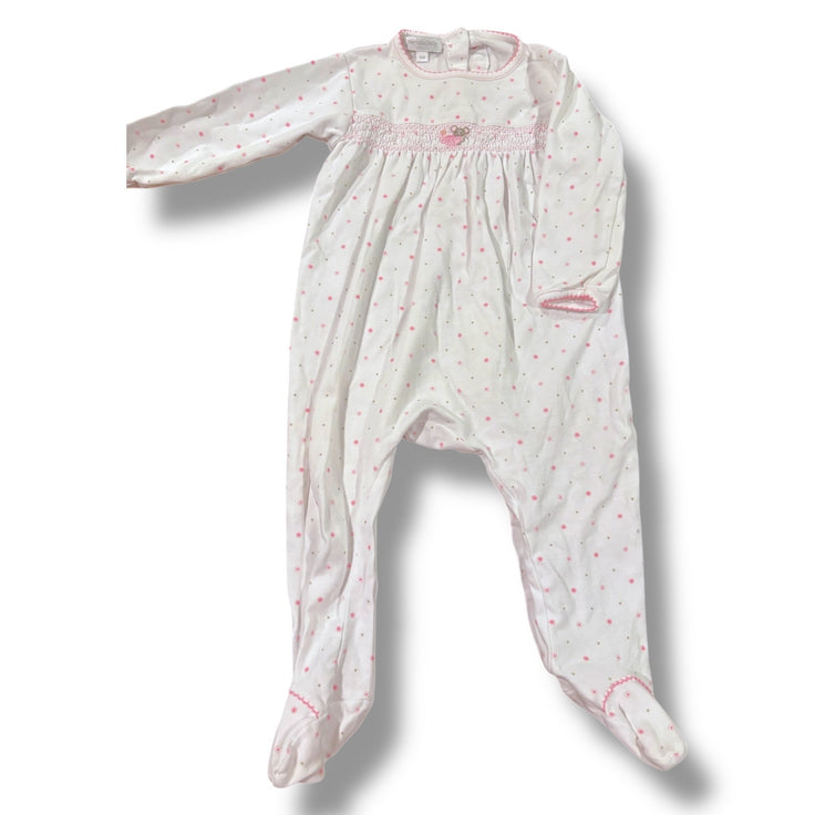 Size 12 month Magnolia Baby white sleeper w/ pink/grey polka dots, mouse in tea cup Default Title / 12 / Girl